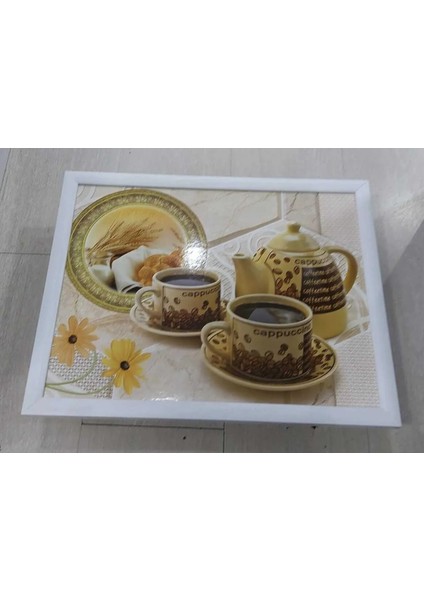 Minderli Desenli Keyif Tepsisi Kahvaltı Tepsisi Cappucino Arkası Kareli 1 Adet