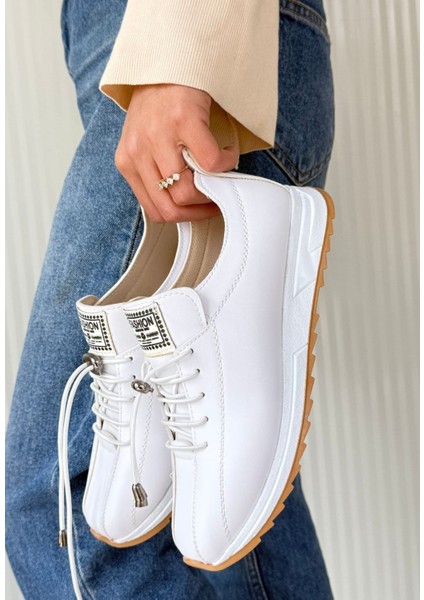 Beyaz Suni Deri Bağcıklı Kadın Sneaker Ayakkabı fiyatları