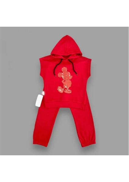 bbyx 3-4-5 Yaş Kapşonlu Payetli Mickey Desenli Kısa Kol 2li Kız Erkek Çocuk Takımı
