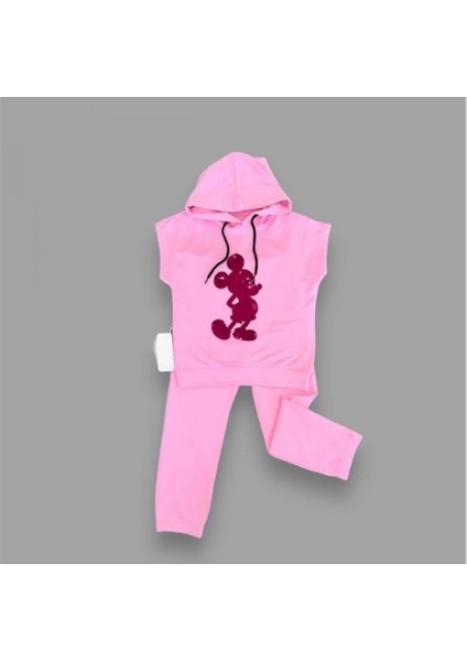 bbyx 3-4-5 Yaş Kapşonlu Payetli Mickey Desenli Kısa Kol 2li Kız Erkek Çocuk Takımı