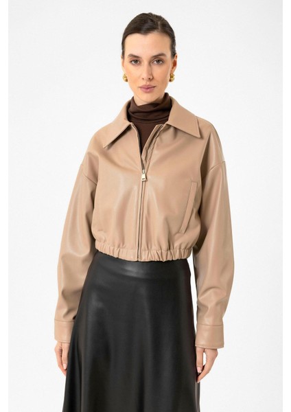 Bej Crop Suni Deri Kadın Ceket