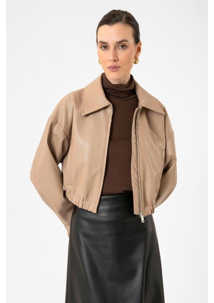 Bej Crop Suni Deri Kadın Ceket fiyatları