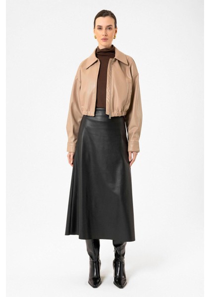 Bej Crop Suni Deri Kadın Ceket modelleri