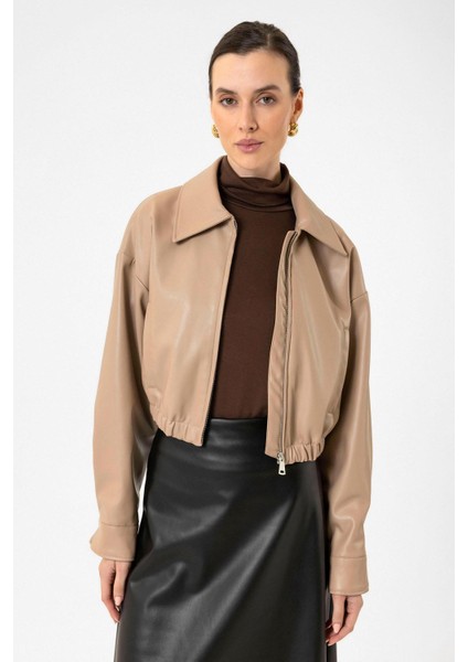 Bej Crop Suni Deri Kadın Ceket indirimleri