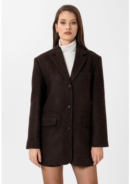 Kahve Kadın Balıksırtı Desenli Blazer Ceket