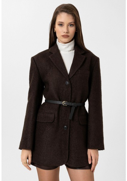 Kahve Kadın Balıksırtı Desenli Blazer Ceket fiyatları