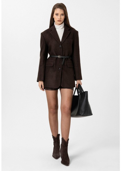 Kahve Kadın Balıksırtı Desenli Blazer Ceket modelleri