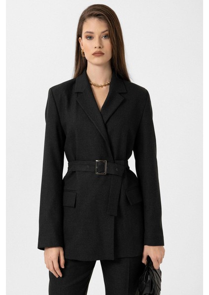 Siyah Kadın Kemerli Blazer Ceket