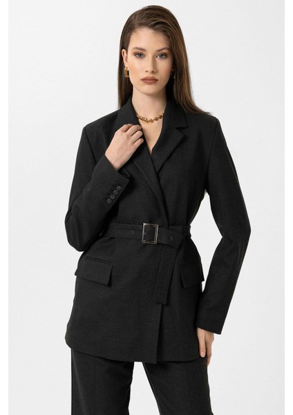 Siyah Kadın Kemerli Blazer Ceket modelleri