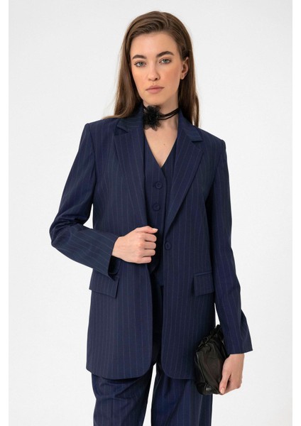 Lacivert Kadın Tek Düğme Çizgili Blazer Ceket