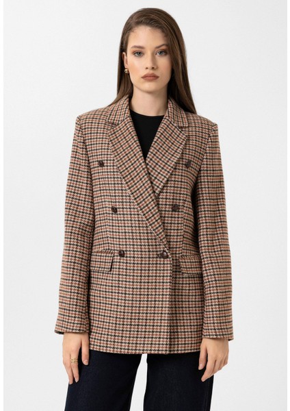 Kiremit Kadın Kazayağı Desenli Blazer Ceket