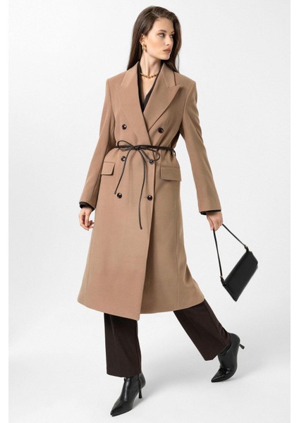 Camel Kadın Kemerli Kruvaze Kaban