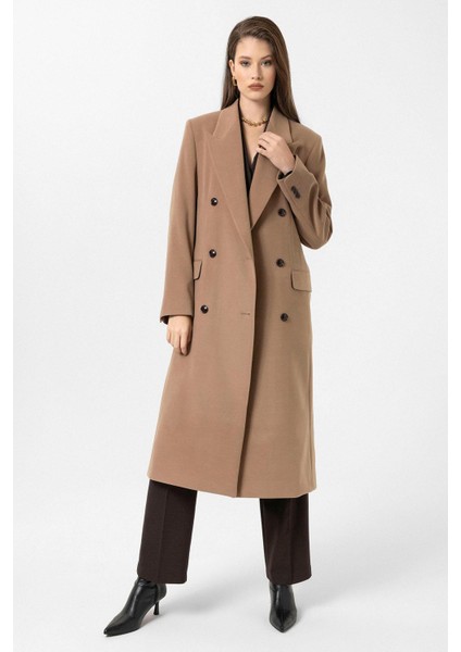 Camel Kadın Kemerli Kruvaze Kaban