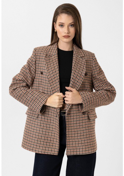 Kiremit Kadın Kazayağı Desenli Blazer Ceket