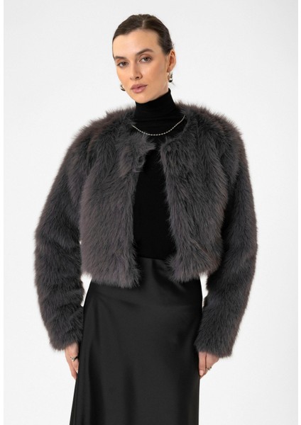 Gri Kadın Suni Kürk Crop Ceket