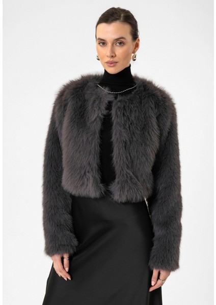 Gri Kadın Suni Kürk Crop Ceket modelleri