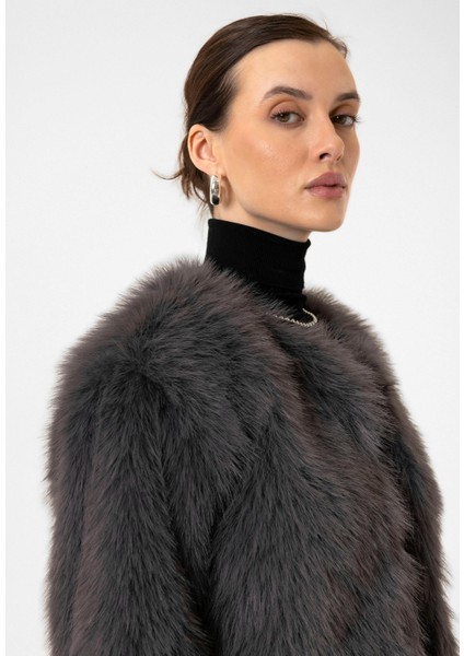 Gri Kadın Suni Kürk Crop Ceket indirimleri