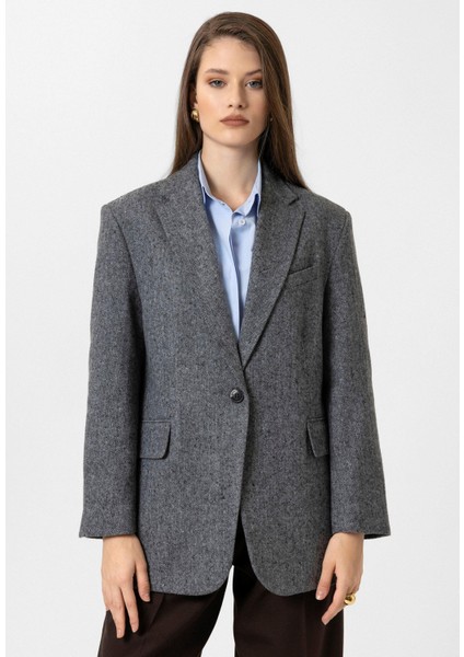Siyah Kadın Relax Fit Balıksırtı Desenli Blazer Ceket