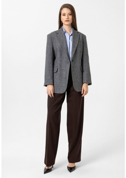 Siyah Kadın Relax Fit Balıksırtı Desenli Blazer Ceket