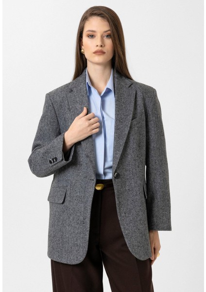 Siyah Kadın Relax Fit Balıksırtı Desenli Blazer Ceket