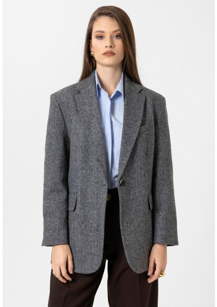 Siyah Kadın Relax Fit Balıksırtı Desenli Blazer Ceket