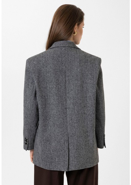 Siyah Kadın Relax Fit Balıksırtı Desenli Blazer Ceket