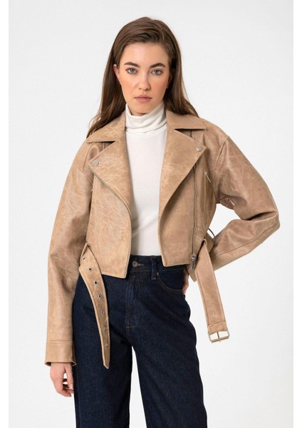 Bej Kadın Suni Deri Crop Biker Ceket