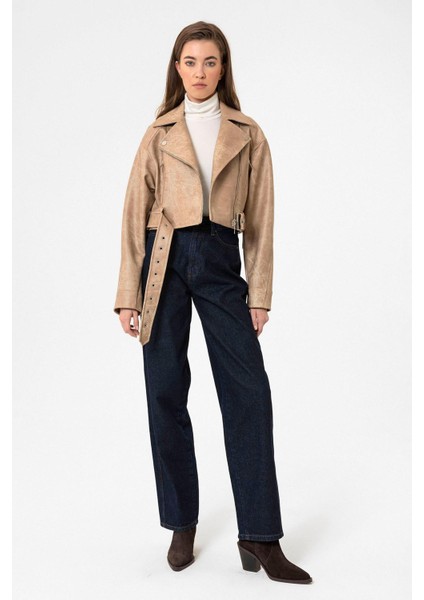 Bej Kadın Suni Deri Crop Biker Ceket