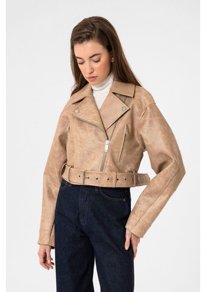 Bej Kadın Suni Deri Crop Biker Ceket