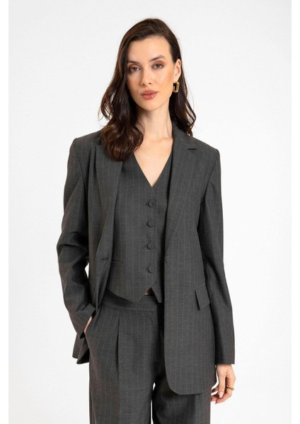 Antrasit Kadın Tek Düğme Çizgili Blazer Ceket