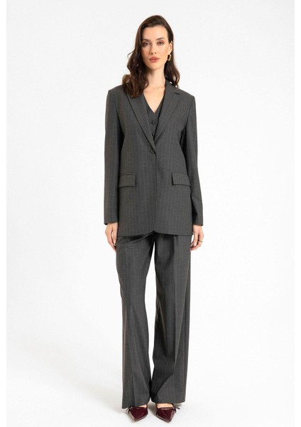 Antrasit Kadın Tek Düğme Çizgili Blazer Ceket modelleri