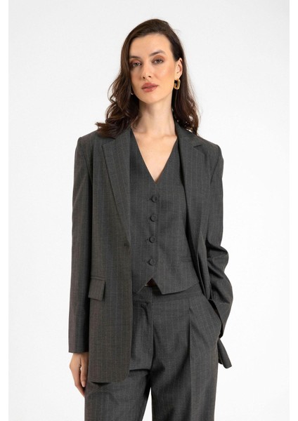 Antrasit Kadın Tek Düğme Çizgili Blazer Ceket indirimleri
