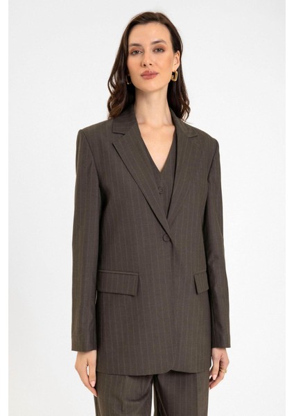Kahve Kadın Tek Düğme Çizgili Blazer Ceket
