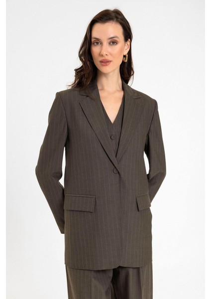 Kahve Kadın Tek Düğme Çizgili Blazer Ceket indirimleri