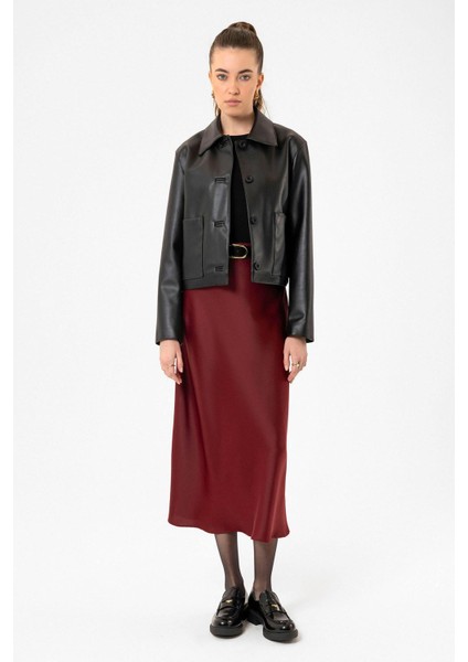 Siyah Kadın Polo Yaka Suni Deri Ceket