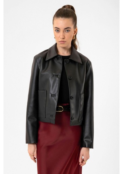 Siyah Kadın Polo Yaka Suni Deri Ceket fiyatları