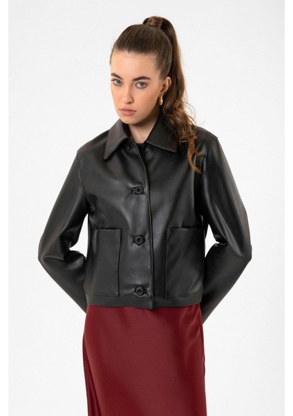 Siyah Kadın Polo Yaka Suni Deri Ceket modelleri