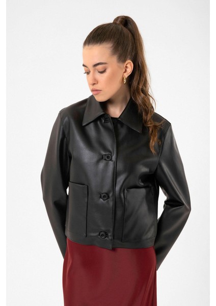 Siyah Kadın Polo Yaka Suni Deri Ceket fırsatları