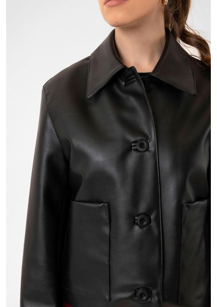 Siyah Kadın Polo Yaka Suni Deri Ceket indirimleri