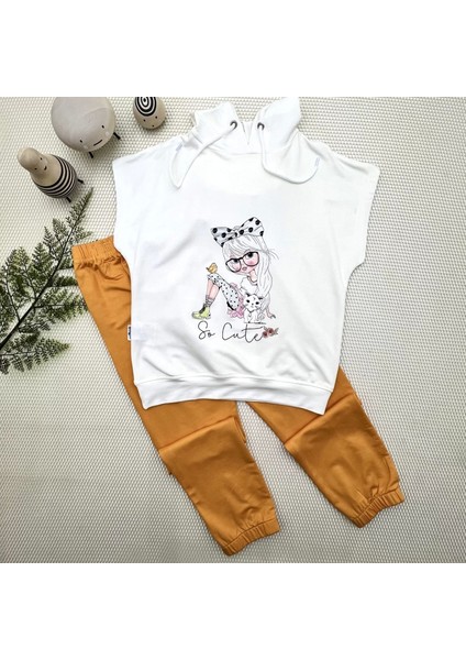 bbyx 3-4-5 Yaş Kapşonlu Sevimli Kız Baskılı Kısa Kolu 2li Kız Erkek Çocuk Takımı