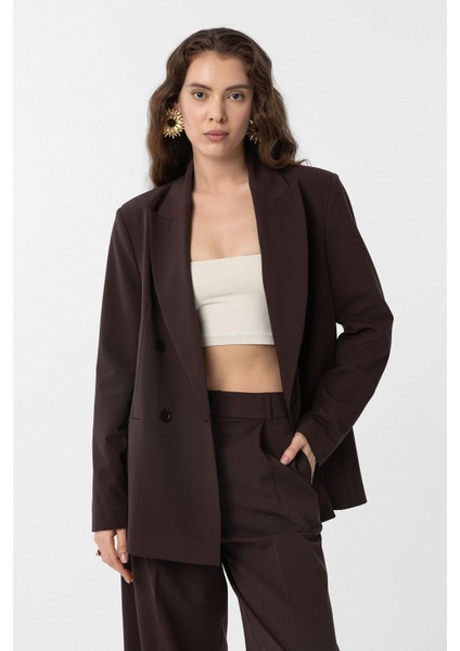 Kahve Regular Fit Kruvaze Kadın Blazer Ceket