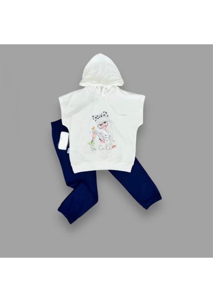 bbyx 3-4-5 Yaş Kapşonlu Sevimli Kız Baskılı Kısa Kolu 2li Kız Erkek Çocuk Takımı