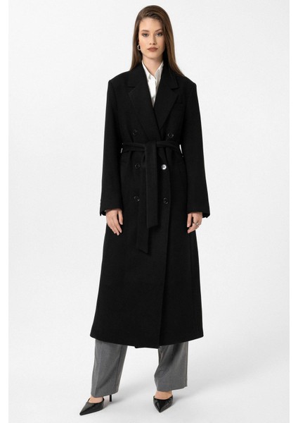 Siyah Kadın Kuşaklı Kruvaze Kaban