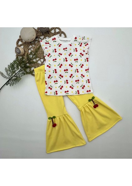 bbyx 1-2-3-4 Yaş Kiraz Baskılı Tişört Ispanyol Paçalı Likralı 2li Kız Çocuk Takımı indirimleri