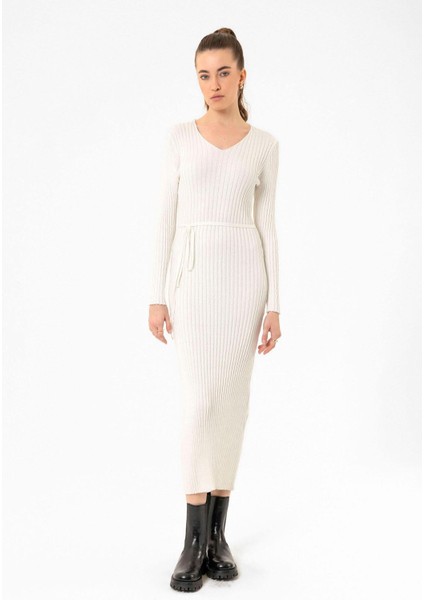 Ekru Kadın Fitilli Midi Triko Elbise
