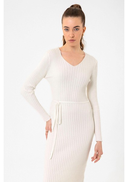 Ekru Kadın Fitilli Midi Triko Elbise indirimleri