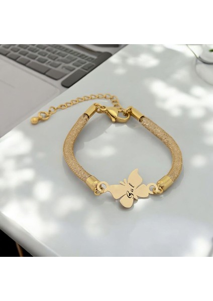 14 Ayar Altın Plakalı Kelebek Motifli Kadınlar İçin İsme Özel Bileklik-366İsim-SW