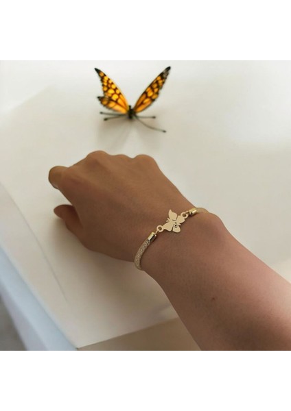 14 Ayar Altın Plakalı Kelebek Motifli Kadınlar İçin İsme Özel Bileklik-366İsim-SW modelleri