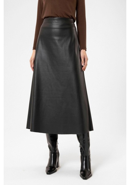 Siyah Kadın Suni Deri Midi Etek