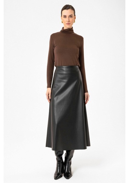 Siyah Kadın Suni Deri Midi Etek fiyatları